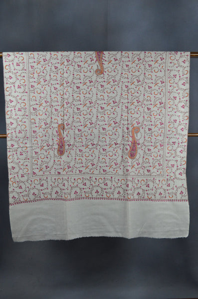 Ivory Jali Sozni Pink Embroidery Shawl