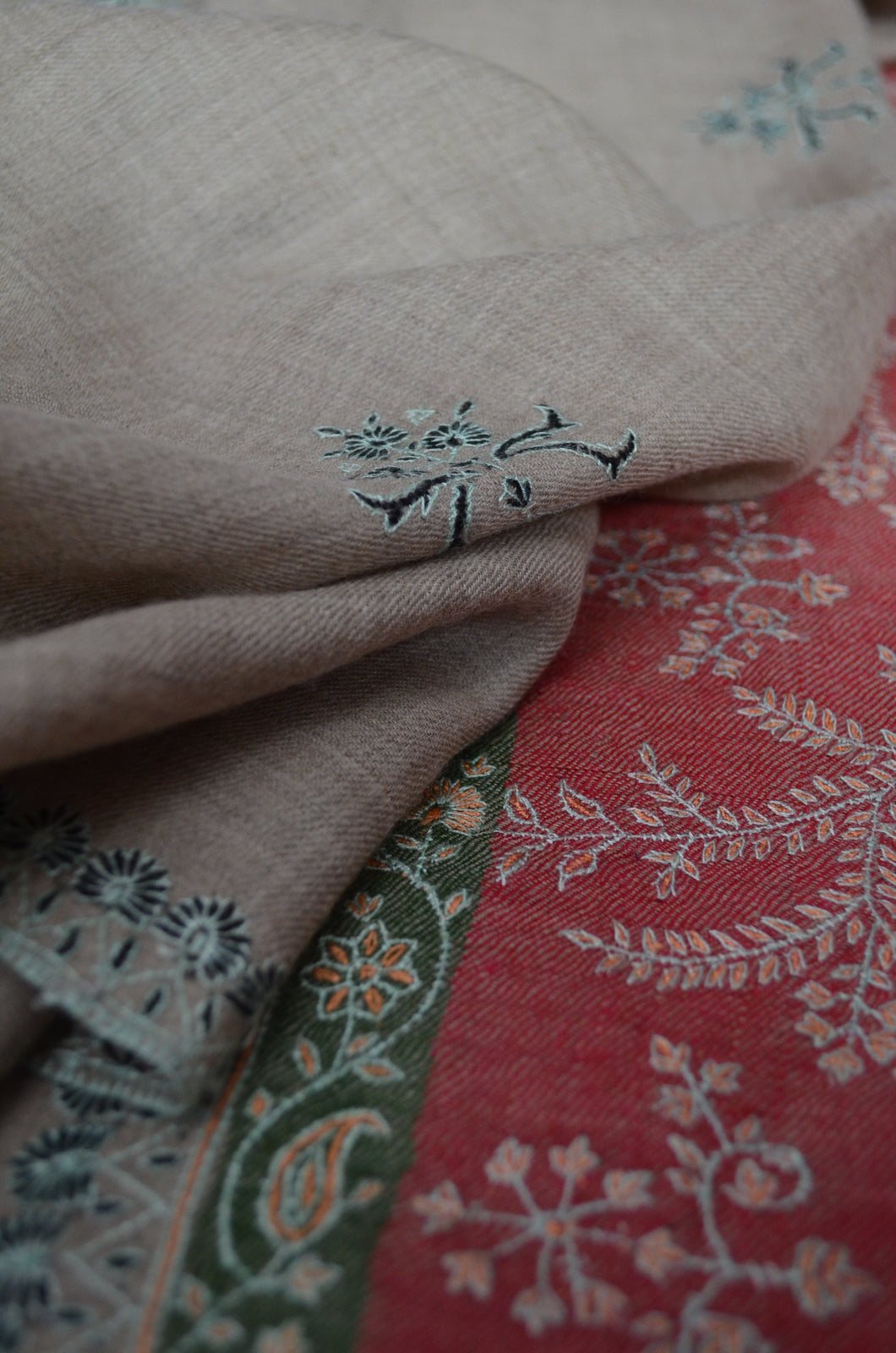 Natural Taupe Border Embroidery Cashmere Pashmina Scarf with Motifs