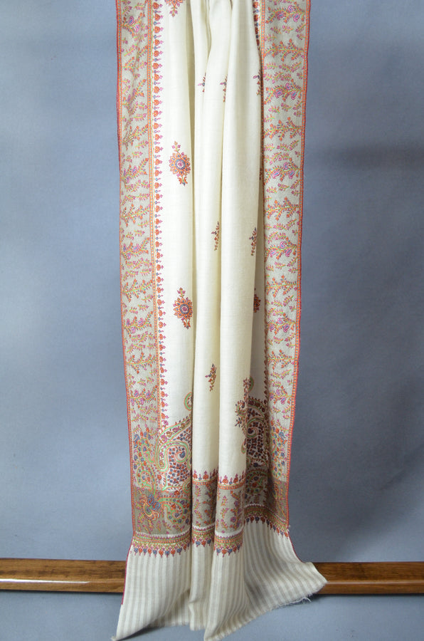Ivory Butti-Dar & Border Embroidery Cashmere Pashmina Shawl