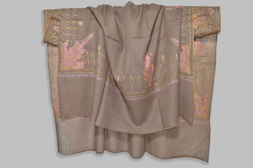 Taupe Merino Sozni Hand Embroidery Shawl