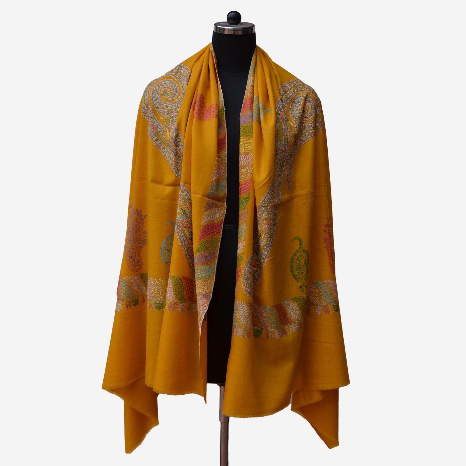 Designer Yellow Jali Embroidery Pashmina Cashmere Shawl