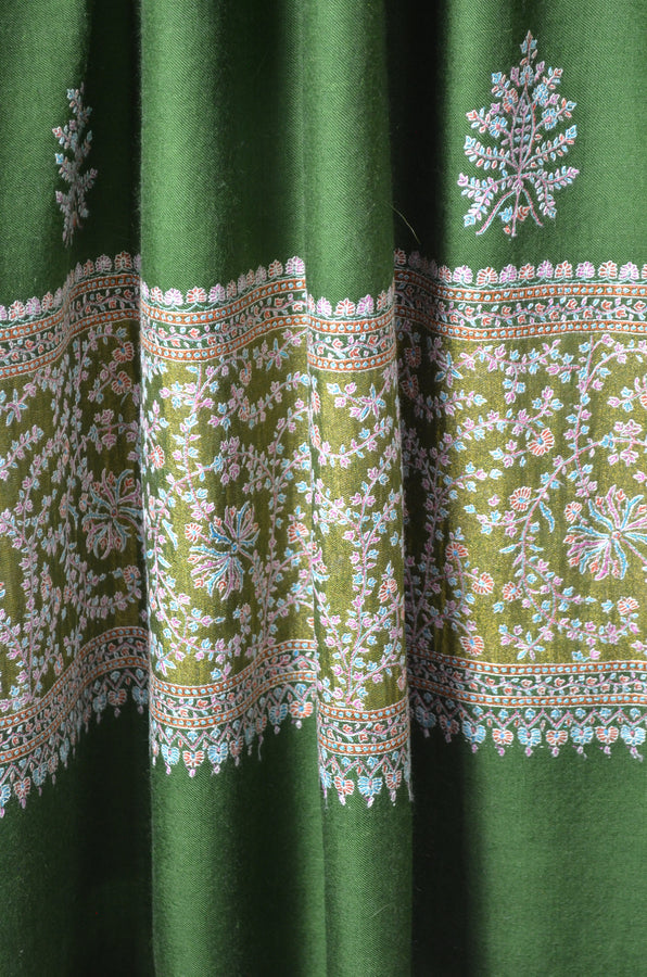 Bottle Green Big Border Embroidery Cashmere Pashmina Shawl