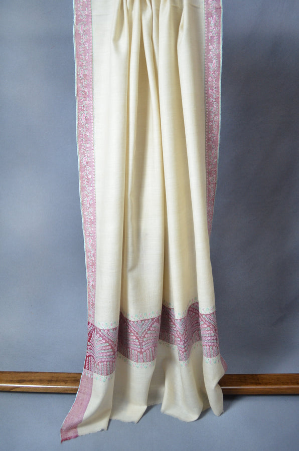 Ivory Striped Big Border Embroidery Cashmere Pashmina Shawl