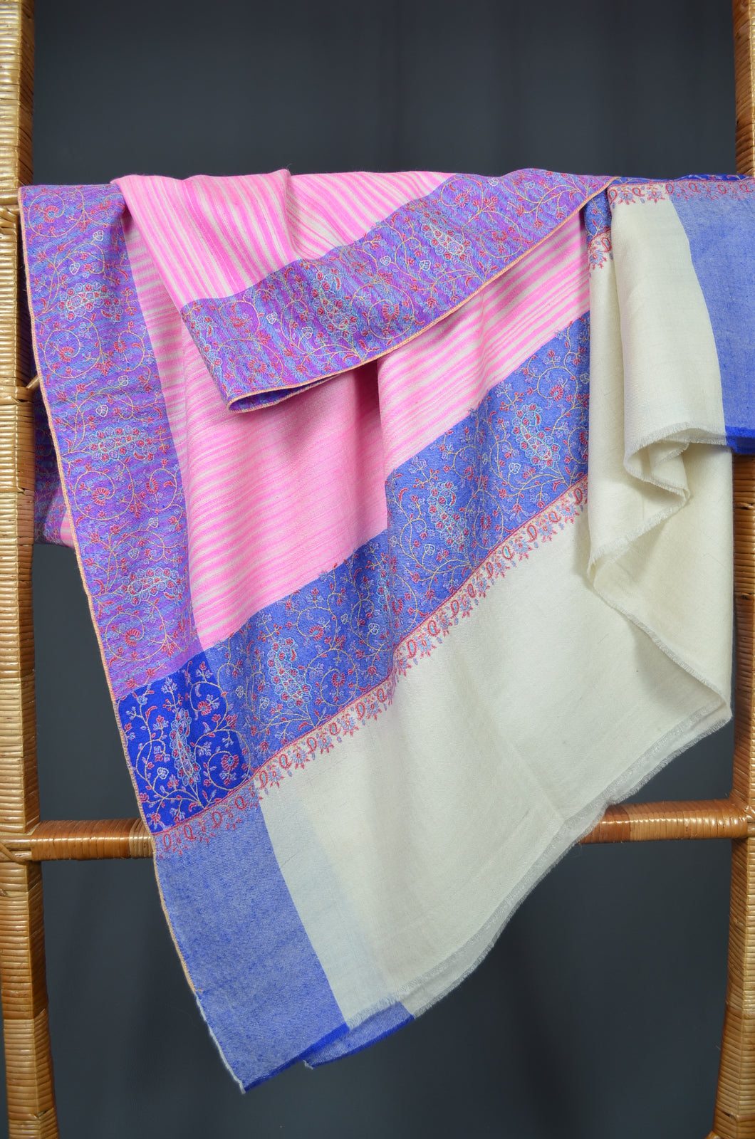 Pink Khadi Patterned Big Border Embroidery Cashmere Pashmina Shawl