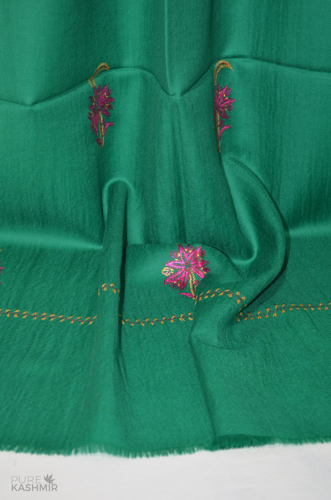 Green Buti Motif Merino Sozni Hand Embroidery Scarf