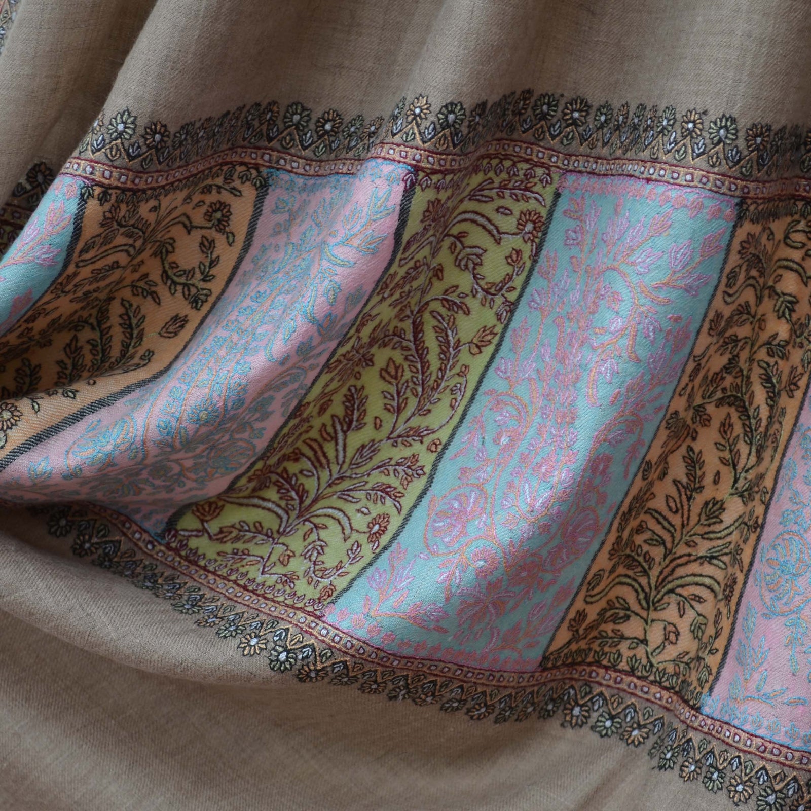 designer un dyed cashmere pashmina shawl with khadi palla and beautiful embroidery