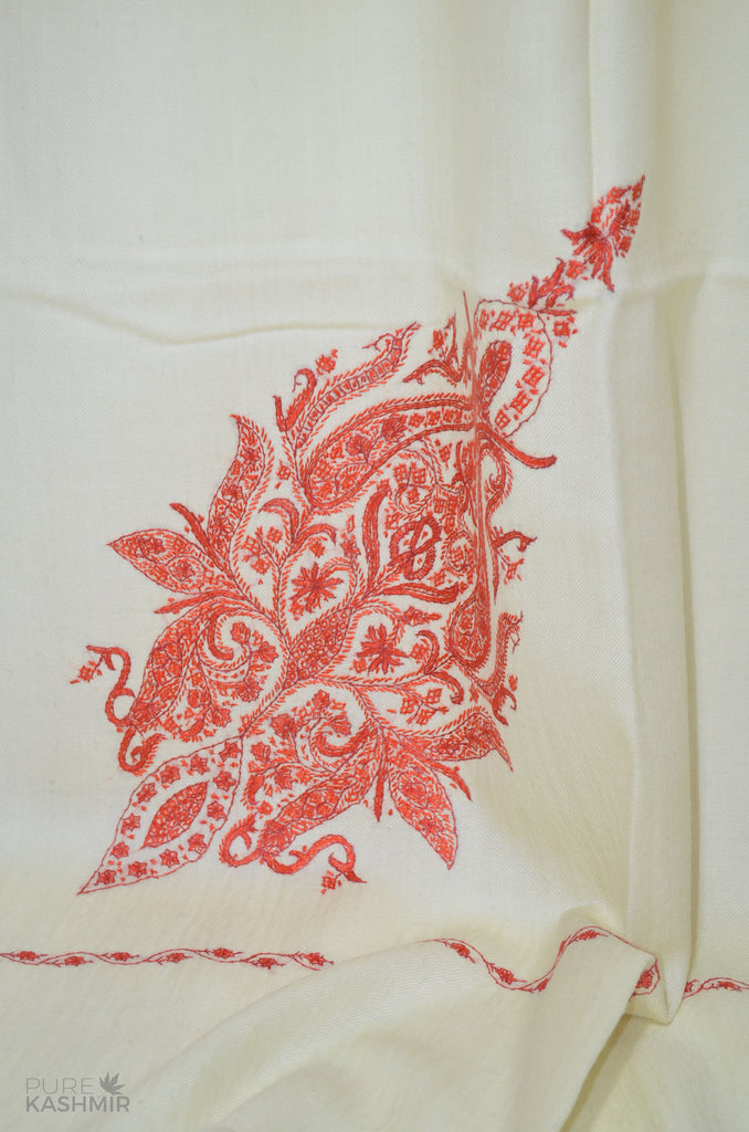 Ivory Cone Motif Merino Sozni Hand Embroidery Scarf