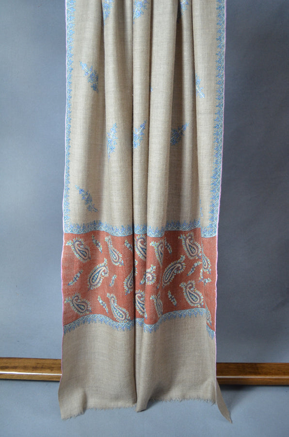 Natural Butti-Dar & Border Embroidery Cashmere Pashmina Shawl