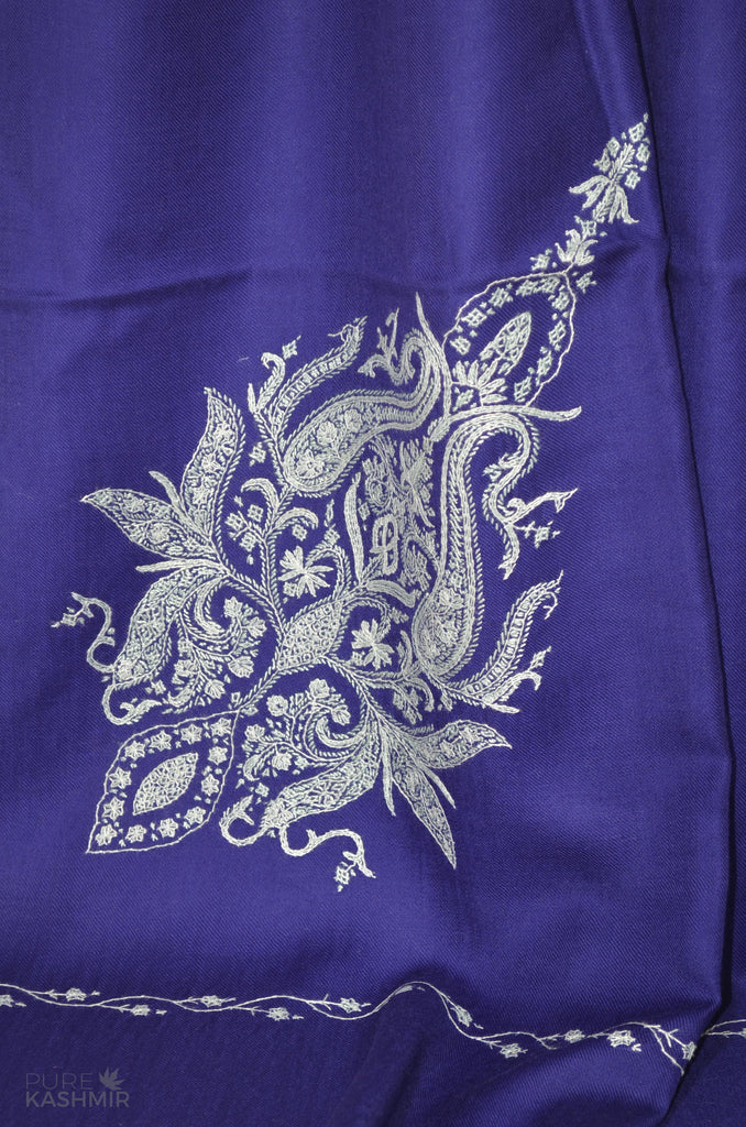 Royal Blue Cone Motif Merino Sozni Hand Embroidery Scarf