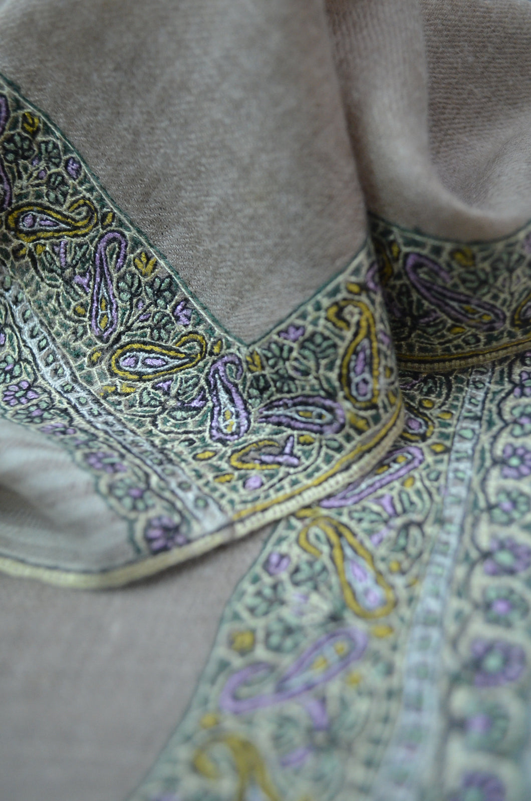 Natural Ikat Patterned Border Embroidery Cashmere Pashmina Shawl