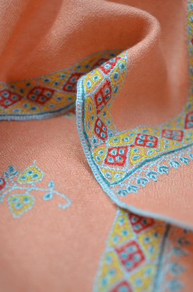 Peach Border Embroidery Cashmere Pashmina Shawl with Motifs