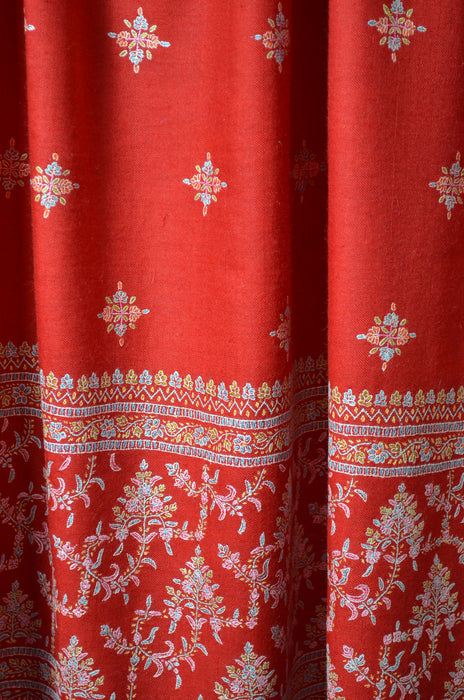 Red Butti-Dar & Border Embroidery Cashmere Pashmina Shawl