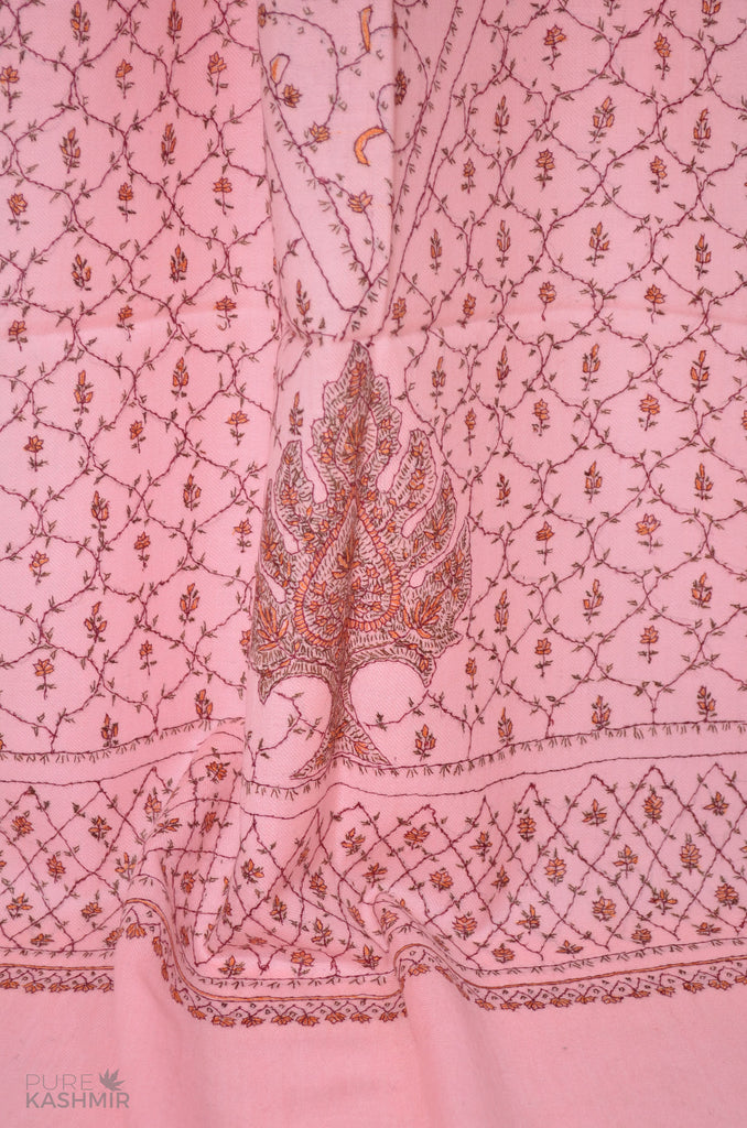 Pink Jali Merino Sozni Hand Embroidery Scarf