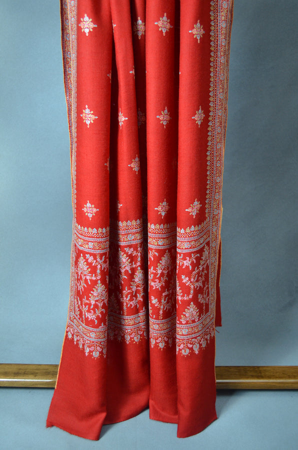 Red Butti-Dar & Border Embroidery Cashmere Pashmina Shawl