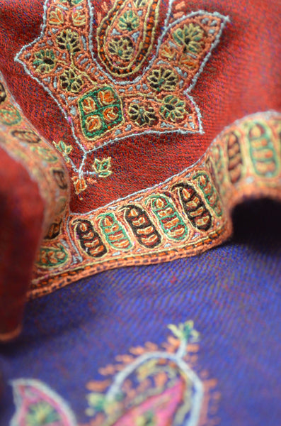 Blue & Red Border Embroidery Cashmere Pashmina Shawl