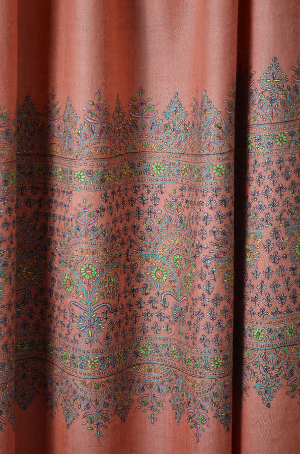 Fawn Big Border Embroidery Cashmere Pashmina Shawl