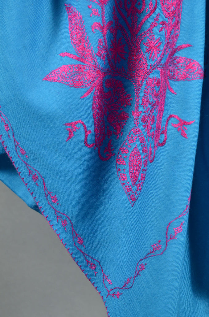 Blue Base Cone Motif Needle Embroidery Wool Scarf