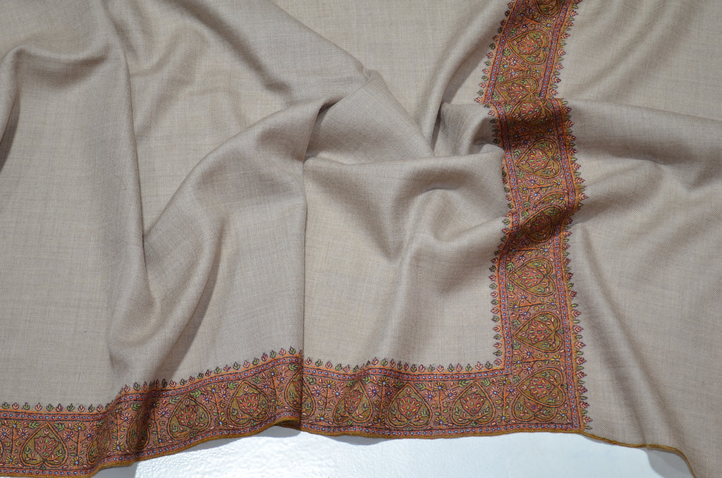 Un-dyed Natural Brown Cashmere Pashmina Shawl with Beautifully  Crafted Border