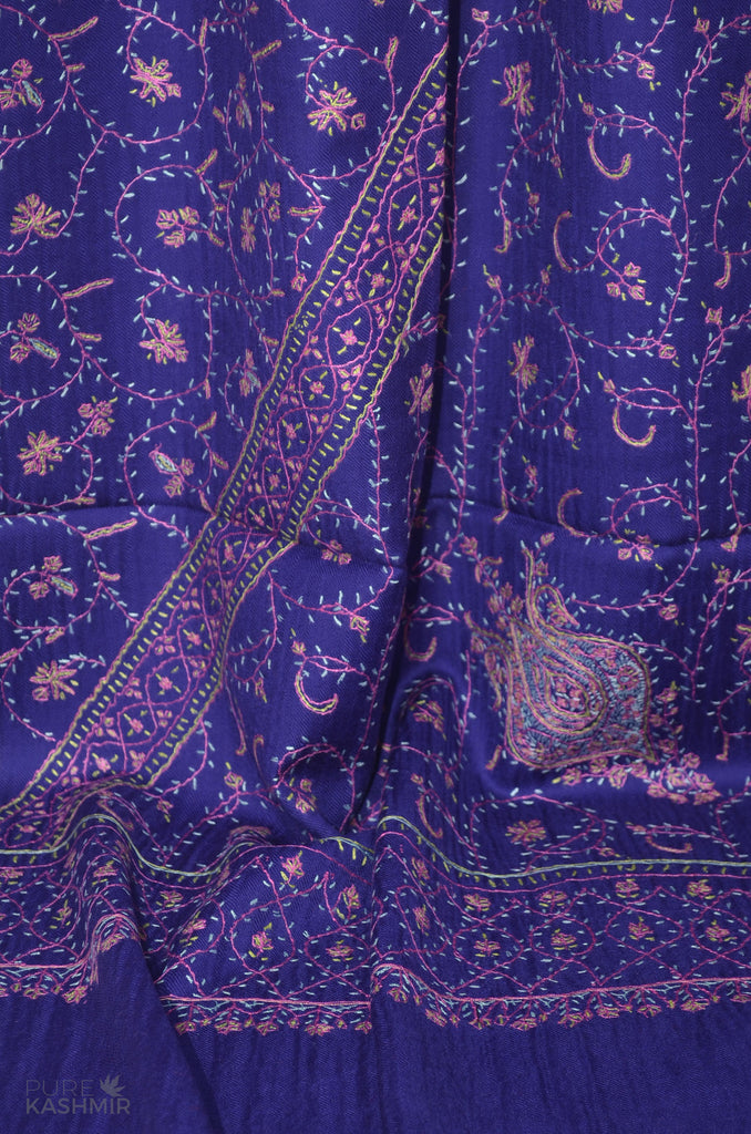 Royal Blue Jali Merino Sozni Hand Embroidery Scarf