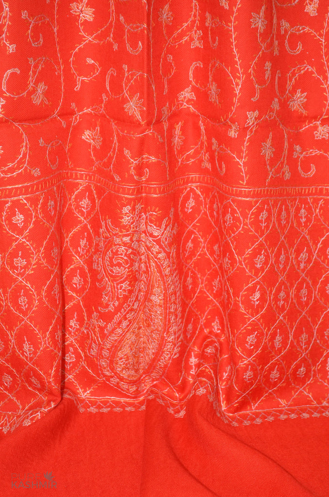 Red Jali Merino Sozni Hand Embroidery Scarf
