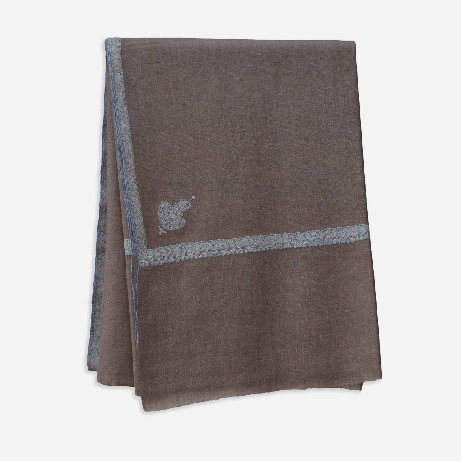 Un Dyed taupe cashmere pashmina border embroidery shawl