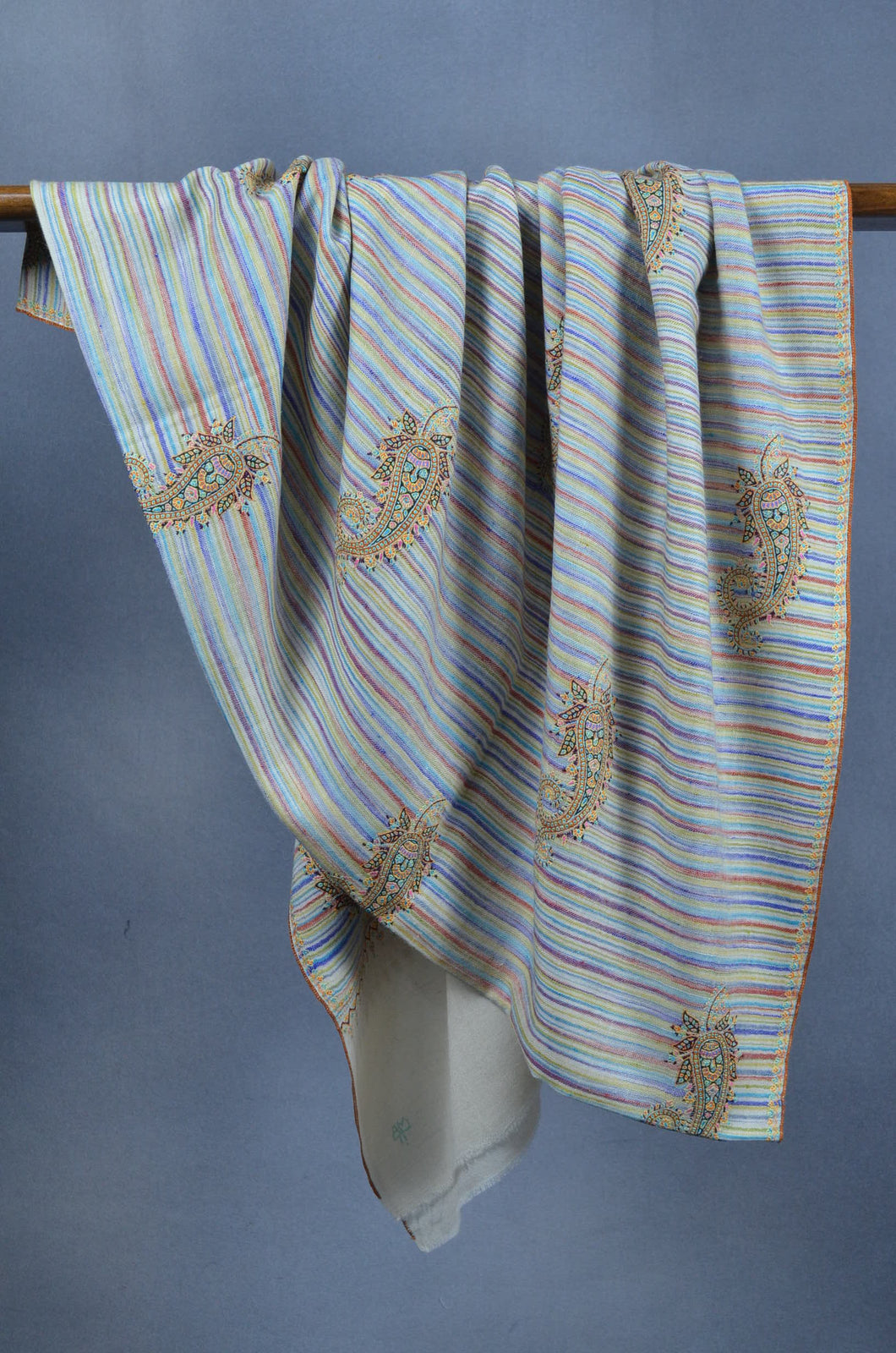Striped Base Buteh-dar Embroidery Pashmina Cashmere Shawl