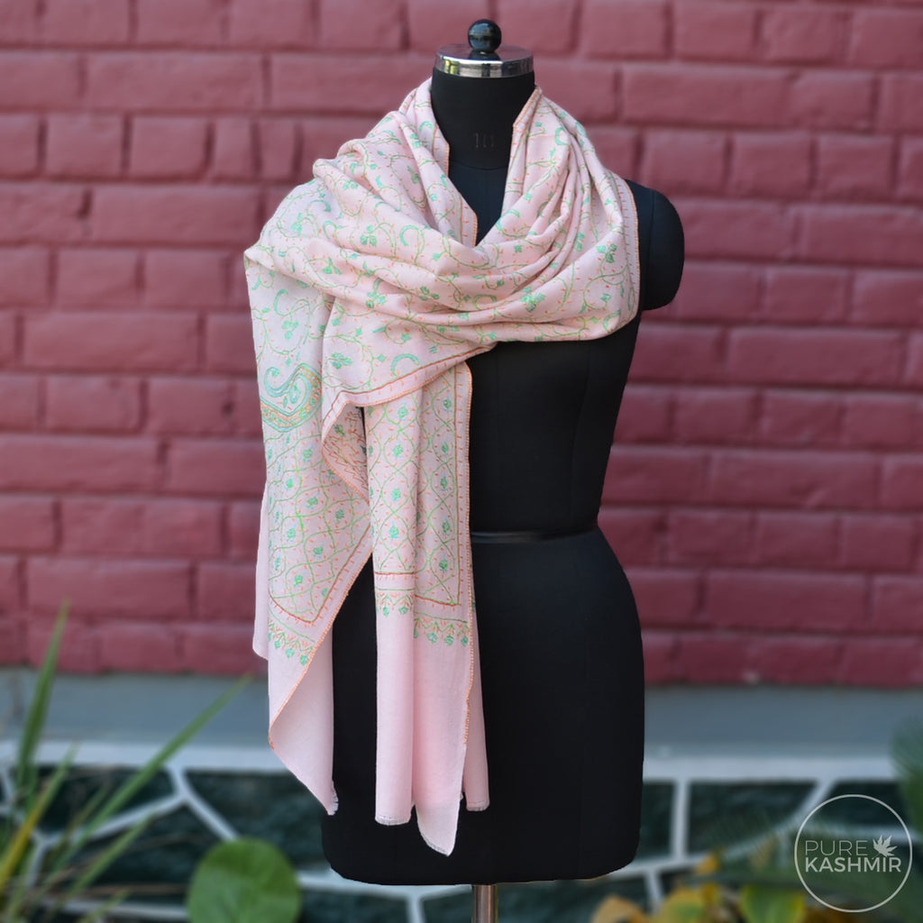 Baby Pink Kashmir Sozni Embroidery Wool Scarf