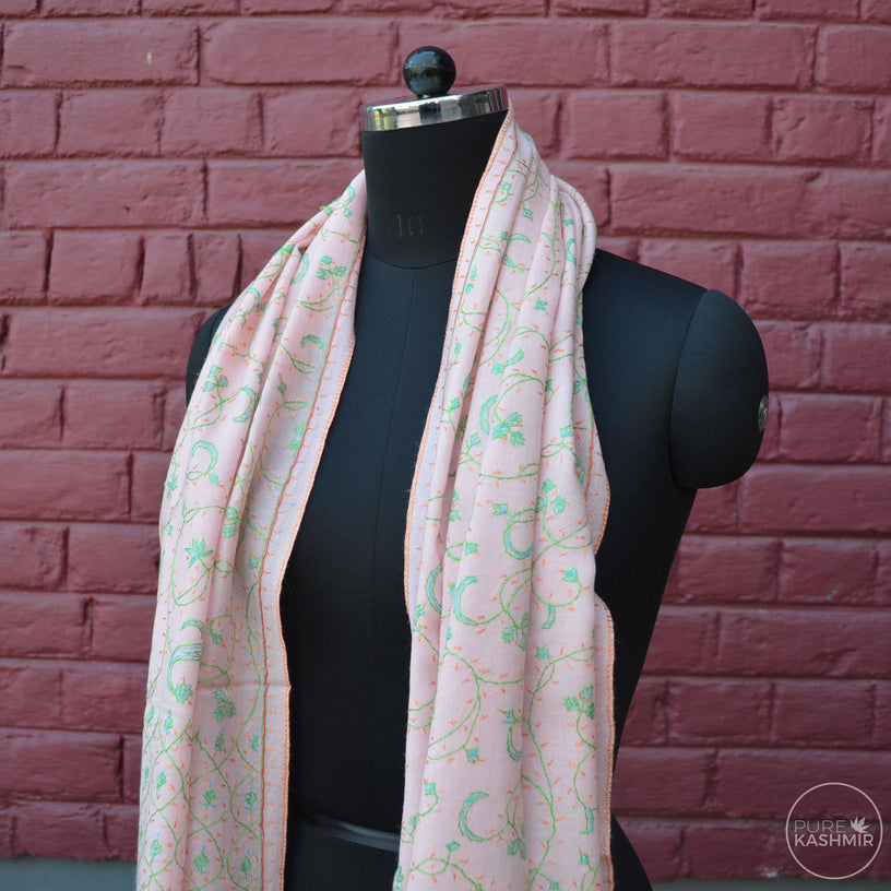 Baby Pink Kashmir Sozni Embroidery Wool Scarf