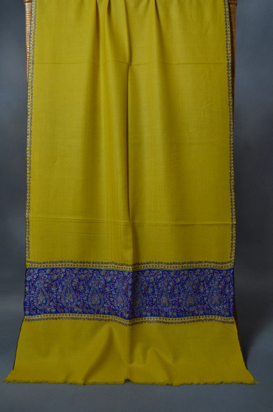 Yellow and Blue Big Border Embroidery Cashmere Pashmina Scarf
