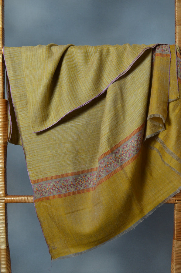 Mustard Khadi Border Embroidery Cashmere Pashmina Shawl