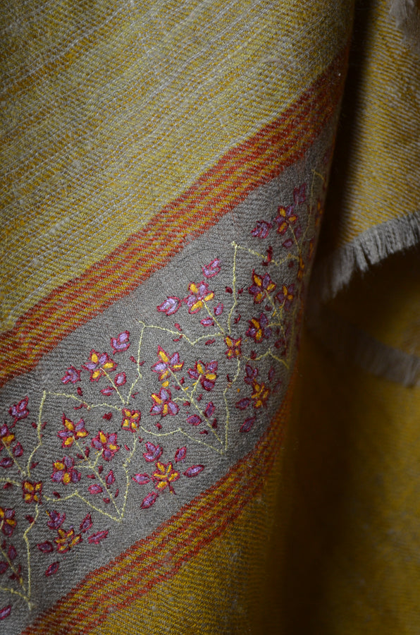 Mustard Khadi Border Embroidery Cashmere Pashmina Shawl