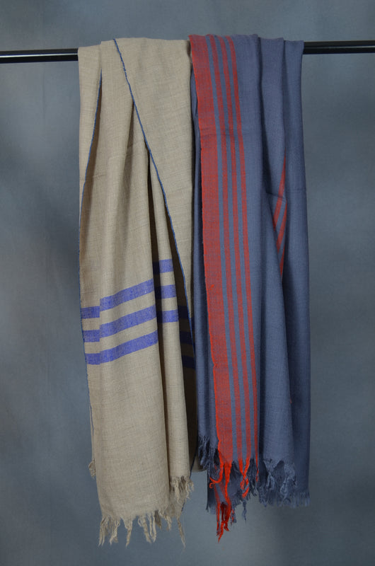 Grey & Red Striped Handwoven Cashmere Pashmina Shawl