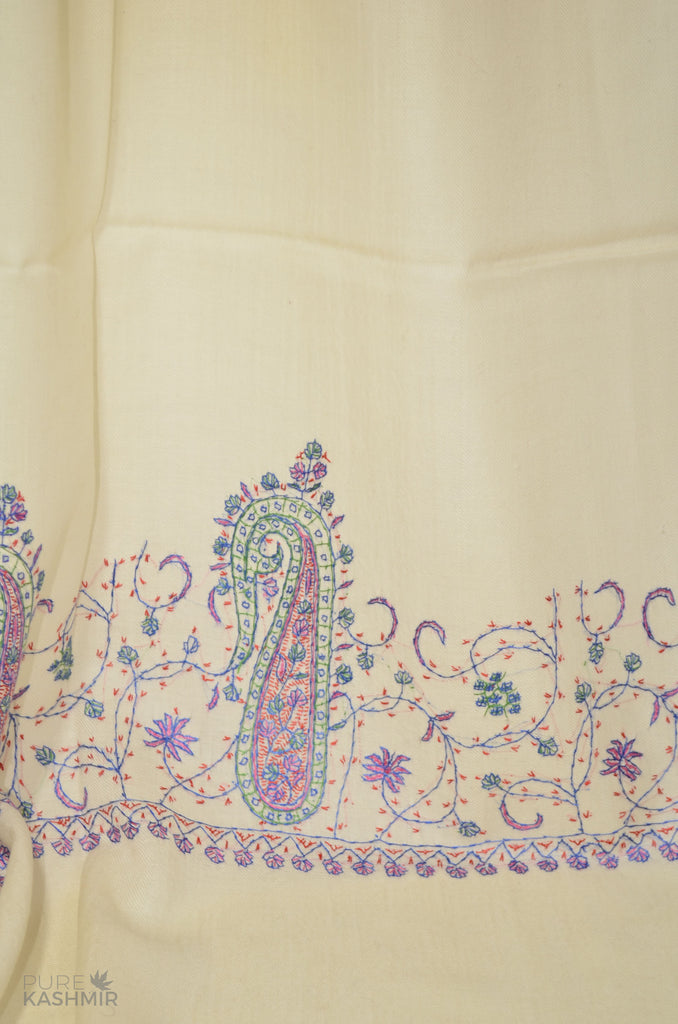 White Merino Sozni Hand Embroidery Scarf