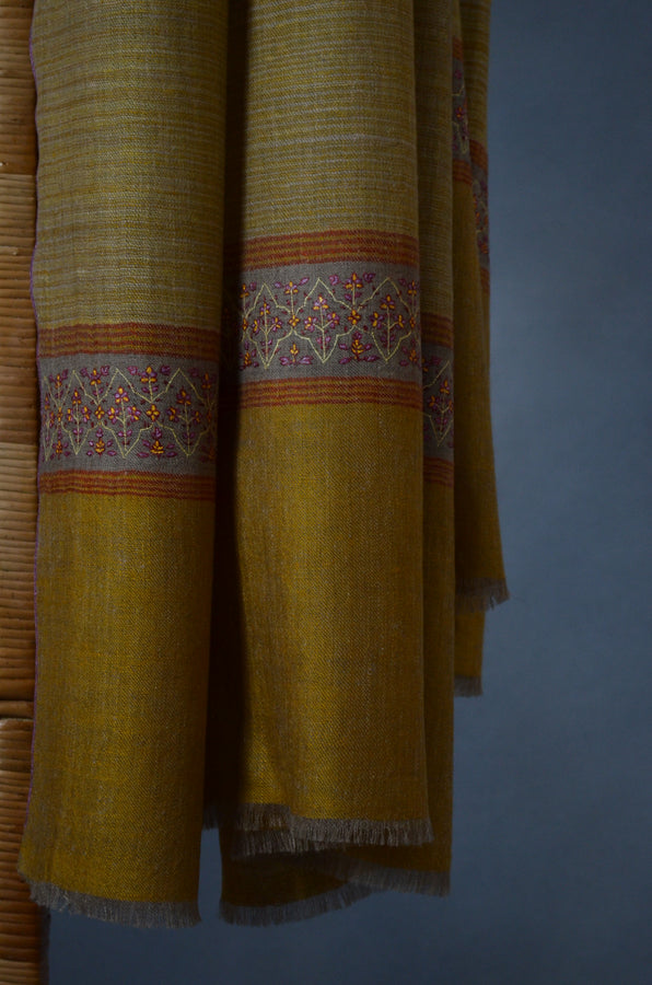 Mustard Khadi Border Embroidery Cashmere Pashmina Shawl