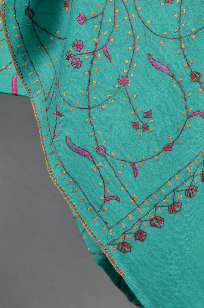 Arctic Green Jali Sozni Embroidery Wool Stole