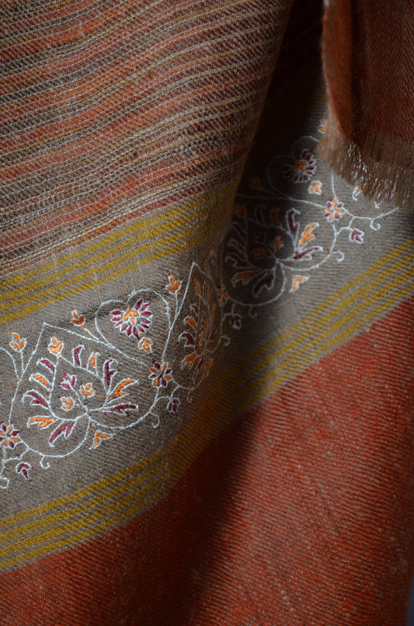 Rust Khadi Border Embroidery Cashmere Pashmina Shawl
