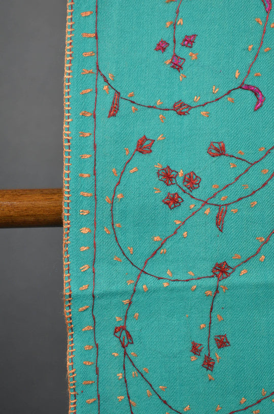 Arctic Green Jali Sozni Embroidery Wool Stole