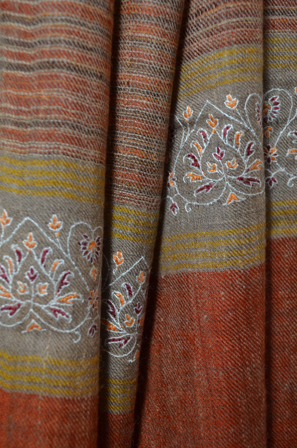 Rust Khadi Border Embroidery Cashmere Pashmina Shawl