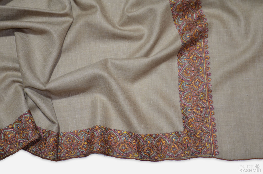 Un-dyed Natural Brown Pashmina Shawl with Beautifully Crafted Border