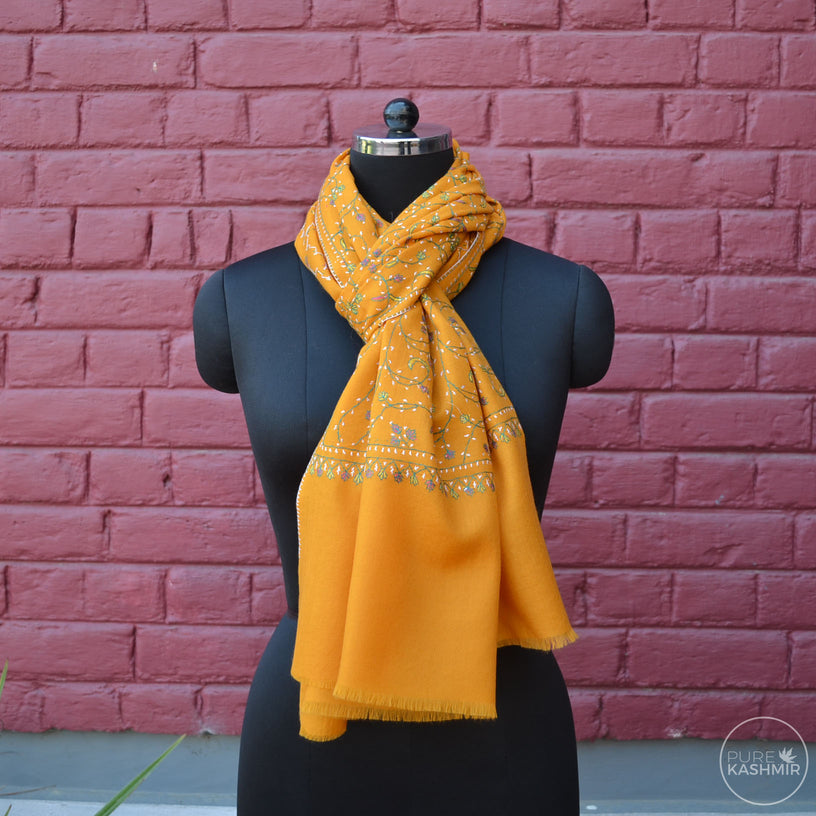 Yellow Kashmir Sozni Embroidery Wool Scarf