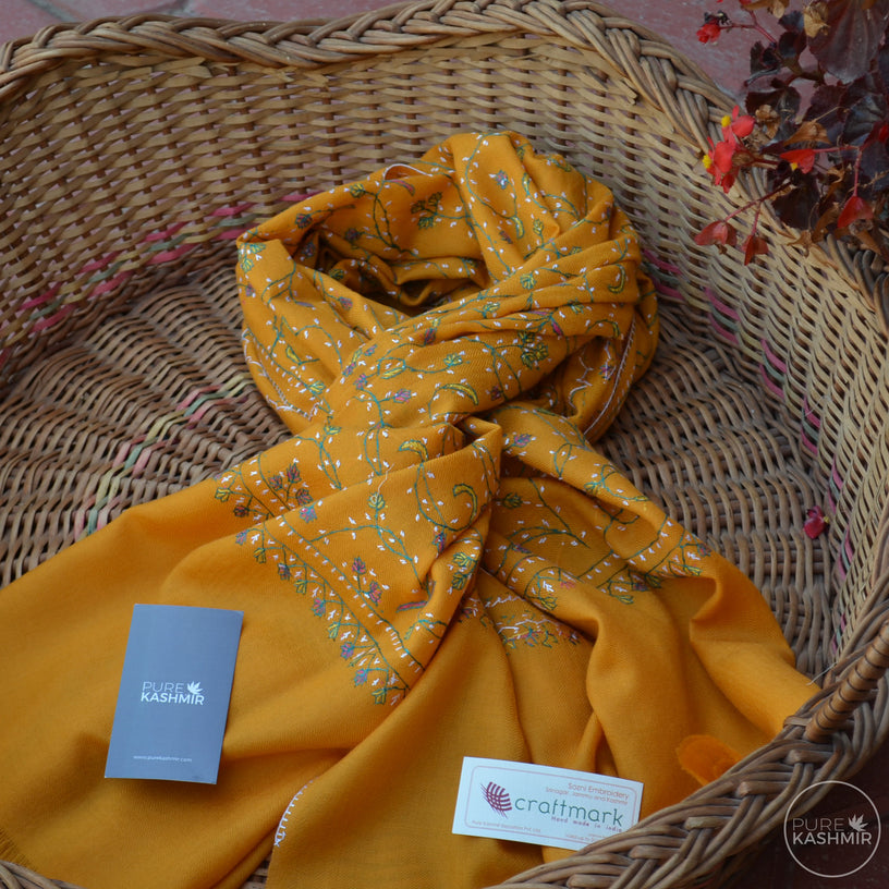 Yellow Kashmir Sozni Embroidery Wool Scarf