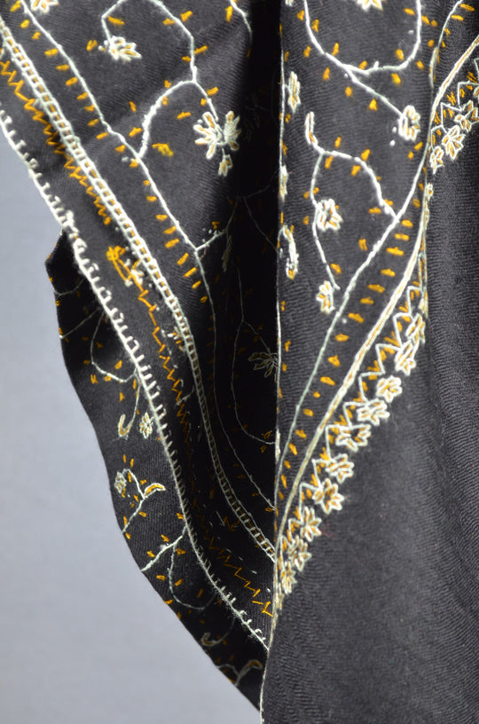 Black Jali Sozni Silver Embroidery Wool Stole