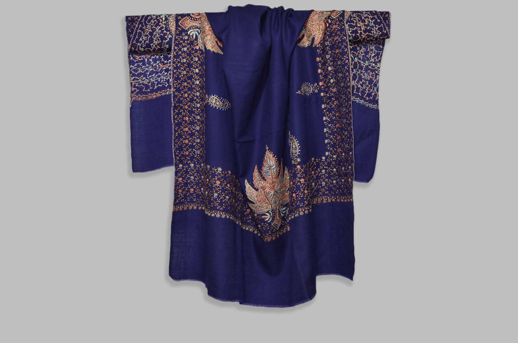 Navy Blue Merino Sozni Hand Embroidery Shawl