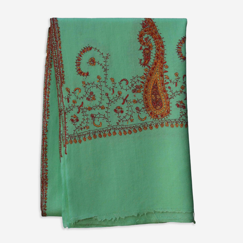 Beautiful embroidery on this ocean green cashmere woolen scarf