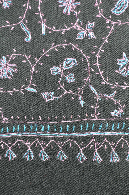 Black Jali Sozni Pink Embroidery Wool Stole