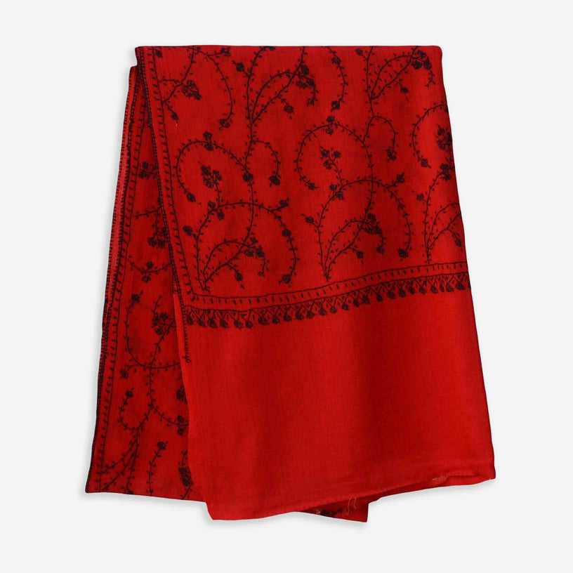 beautiful needle embroidery all over the red cashmere woolen base scarf