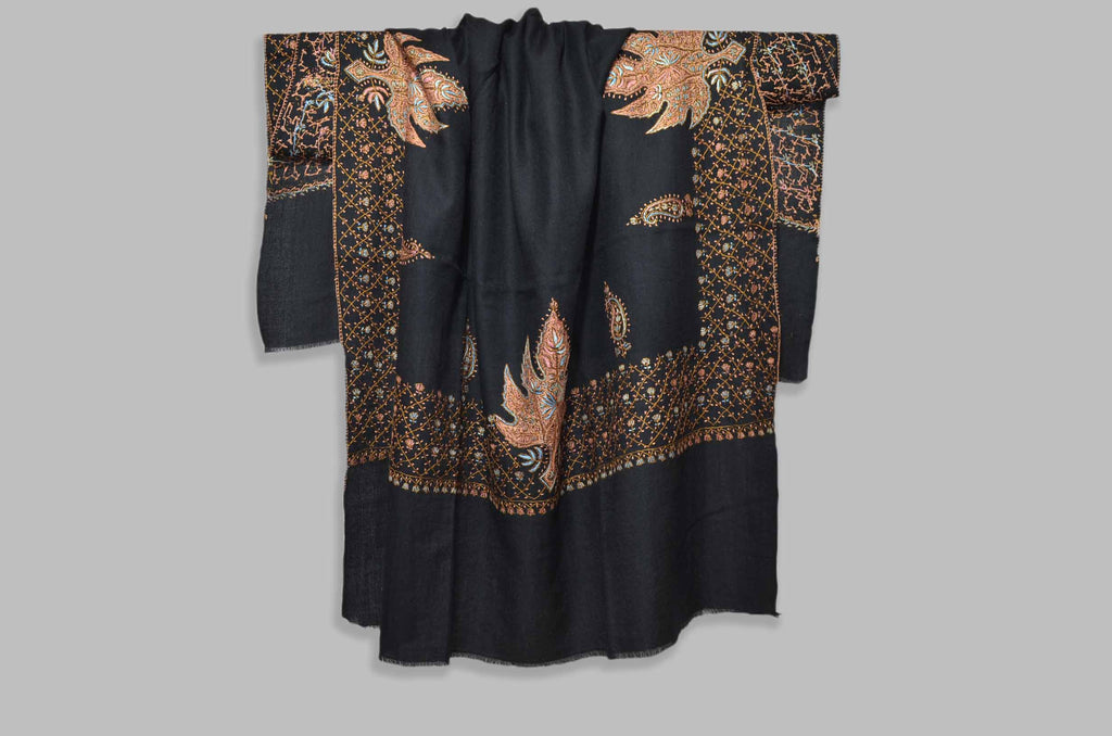 Black Merino Sozni Hand Embroidery Shawl