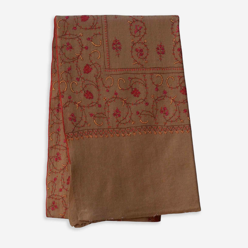 Heavy embroidery on this natural taupe cashmere woolen stole