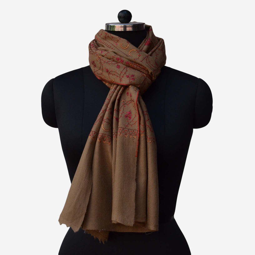 Jali embroidery on this taupe merino woolen base scarf