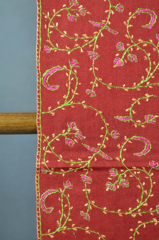 Cherry Red Jali Sozni Embroidery Wool Stole